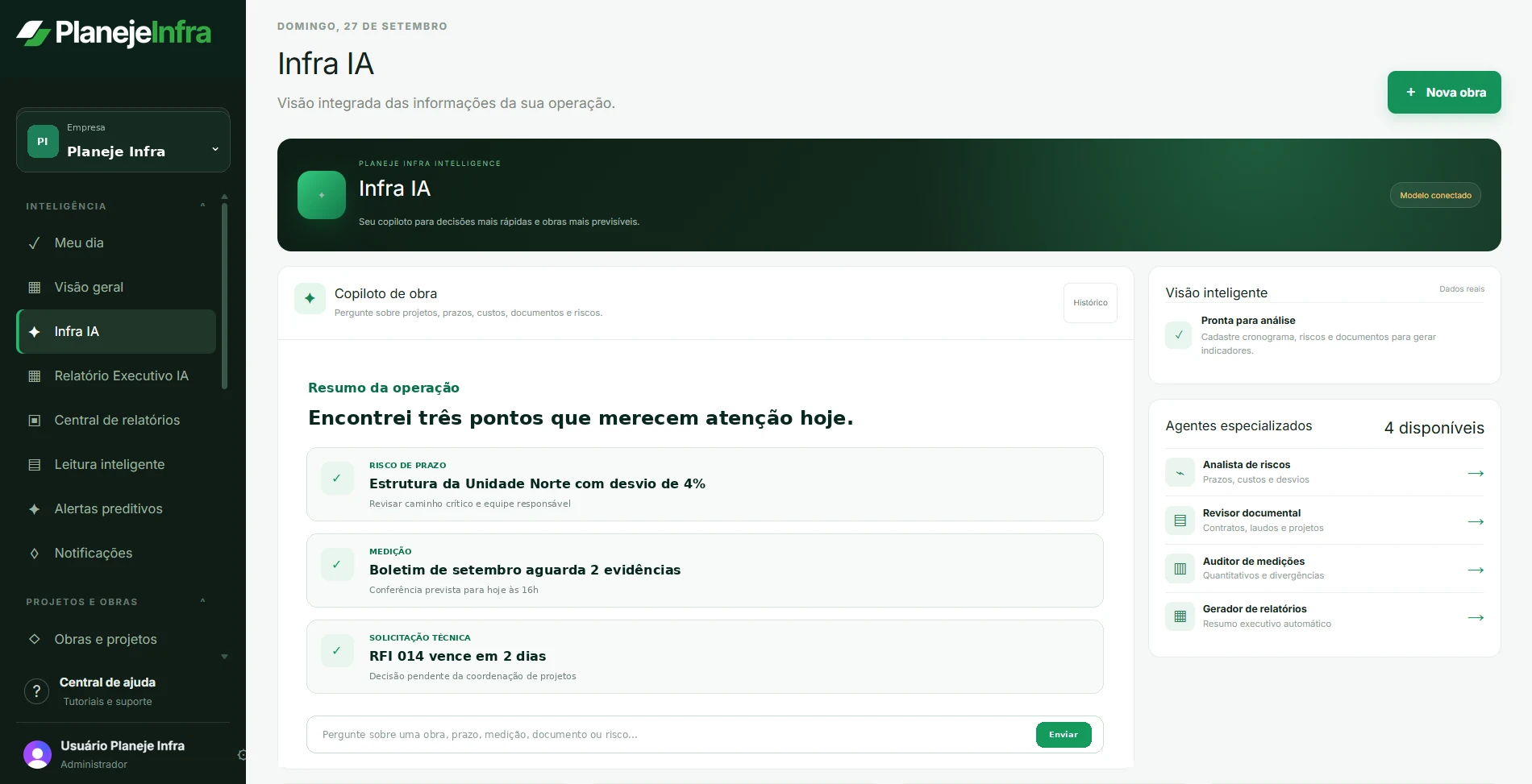 Infra IA do sistema de gestão de projetos para engenharia Planeje Infra