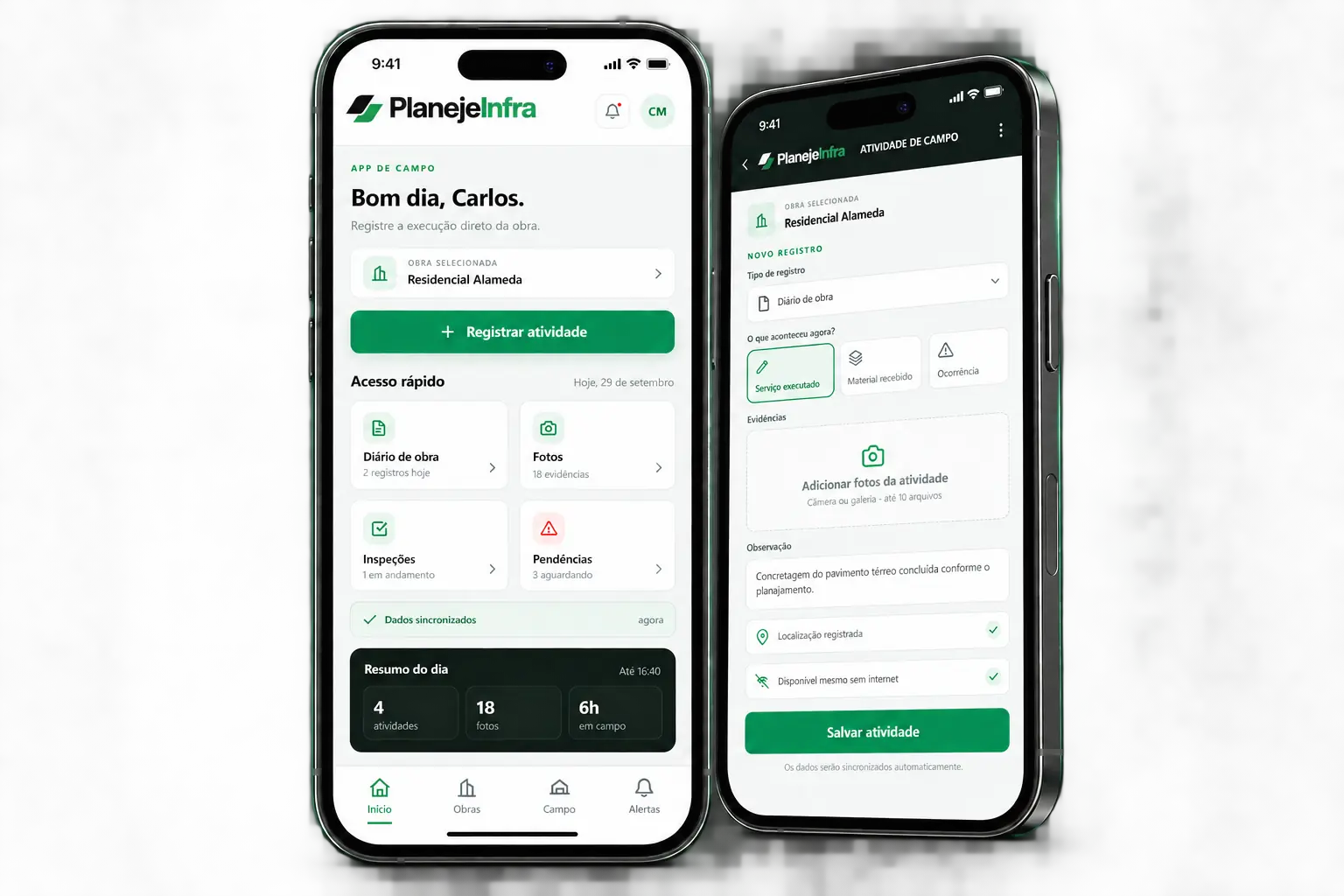 Aplicativo Planeje Infra Campo em dois iPhones com painel da obra e registro de atividade