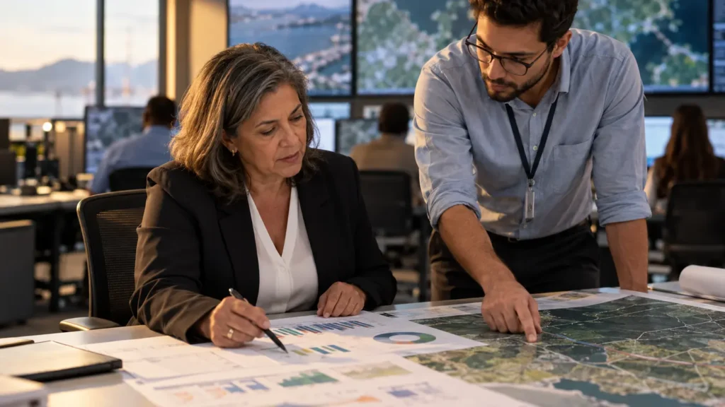 Diretora analisando indicadores de projetos de engenharia
