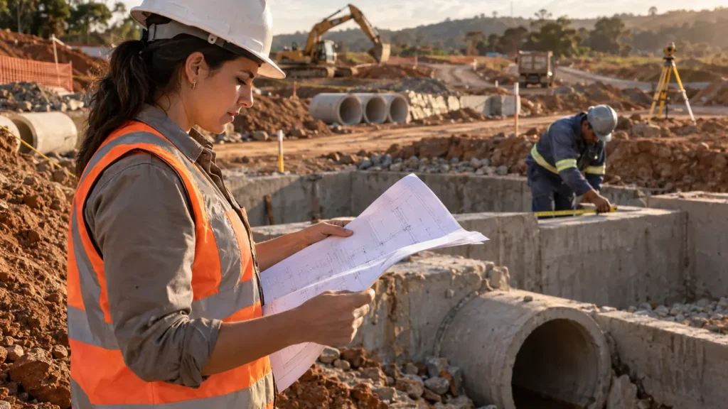 Engenheira acompanhando o planejamento de uma obra de drenagem