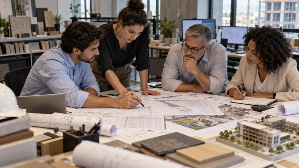 Equipe usando sistema de gestão de projetos para engenharia